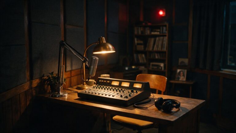 El estudio de Íllora Radio de noche, con la mesa de mezclas encendida
