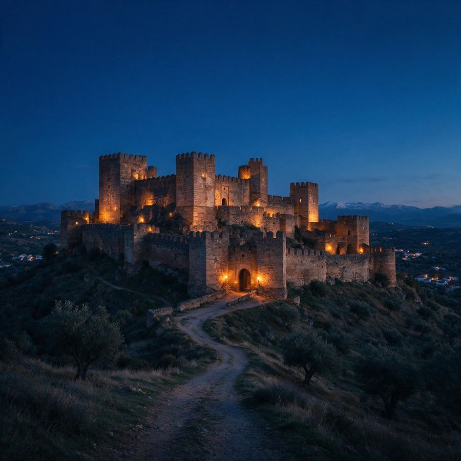Fortaleza iluminada al anochecer · El Castillo